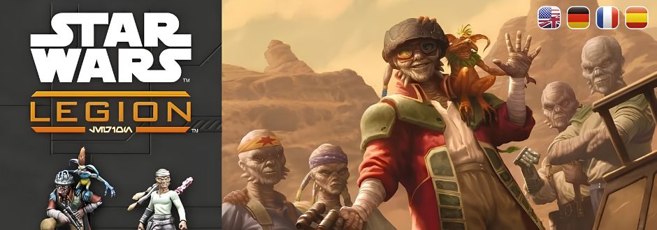 Star Wars Legion image features diverse alien characters in a desert landscape, waving joyfully. Keywords: Star Wars, Legion, aliens, desert, cheerful.