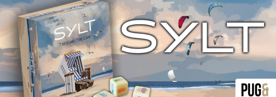 Sylt board game box and logo on a beachy background