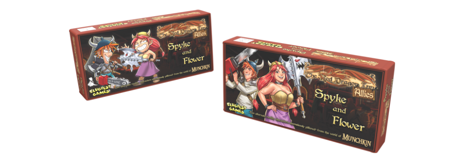 Two boxed copies of “Spyke and Flower,” a Munchkin-themed card game, shown at different angles with illustrated fantasy characters on the packaging.