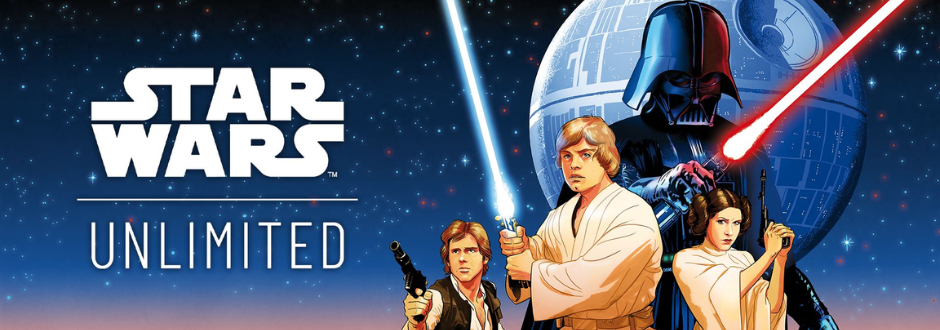 Banner for Star Wars Unlimited showing Luke Skywalker with a blue lightsaber, Princess Leia and Han Solo with blasters, and Darth Vader with a red lightsaber, with the Death Star in the background.