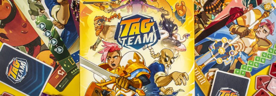 Colorful board game cover featuring the title "Tag Team" surrounded by diverse, dynamic characters in action poses, with bright, energetic graphics.