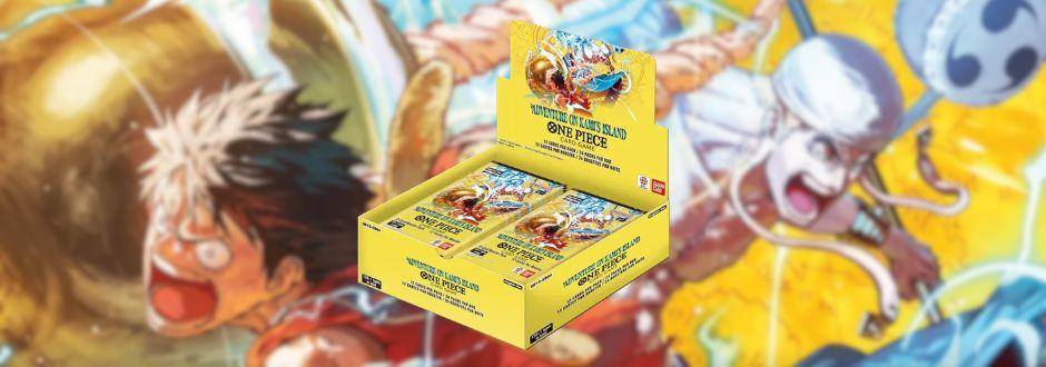 A bright yellow box set of "One Piece" trading cards, featuring vibrant illustrations of animated characters in action, creating an adventurous and energetic tone.