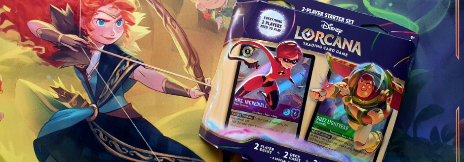 Alt text: "Disney Lorcana trading card game set on a vibrant playmat. The box features Mrs. Incredible and Buzz Lightyear cards, with a dynamic illustration of a female archer in the background, conveying adventure and excitement."