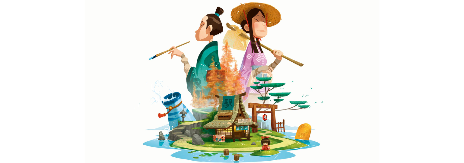 Cartoon illustration of two people in a Japanese town, enjoying a sunny day