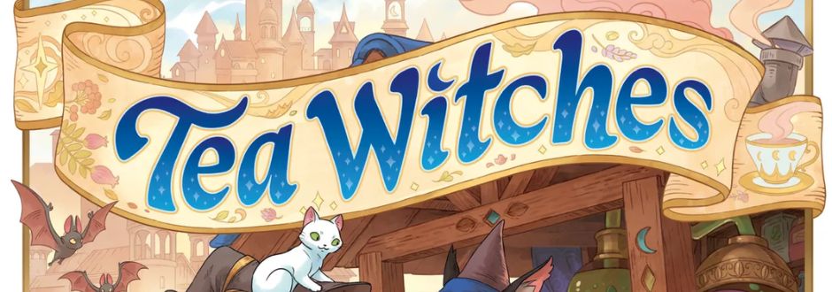 Illustrated sign reading "Tea Witches" in blue, with a whimsical medieval city backdrop. White cat, bat, and witch hats suggest a magical theme.