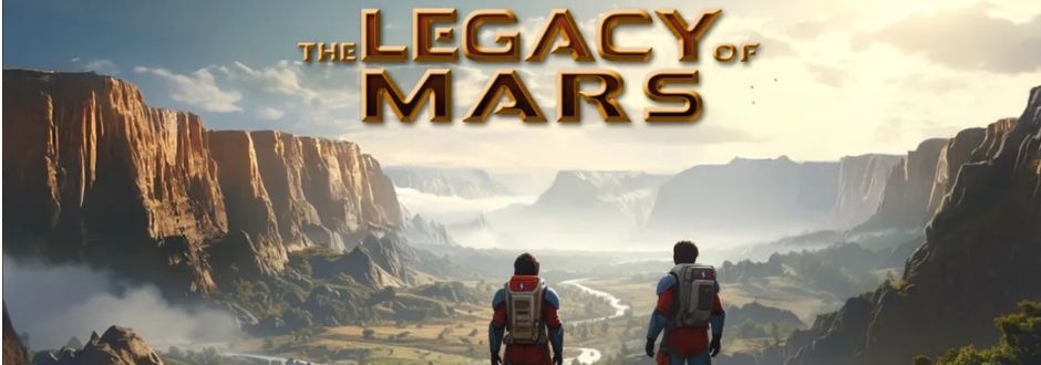 Two astronauts in suits stand on a rocky cliff, overlooking a vast, canyon-filled landscape under a cloudy sky. "The Legacy of Mars" is in bold text above.