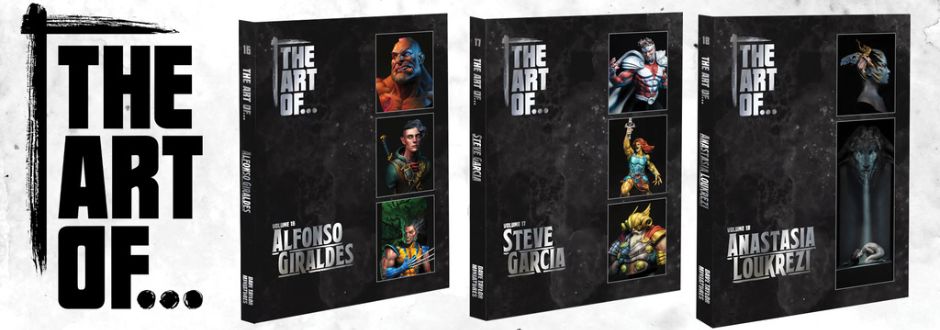 Three art book covers titled "The Art Of..." feature vibrant fantasy and sci-fi characters. Artists: Alfonso Giraldes, Steve Garcia, and Anastasia Loukrezis.