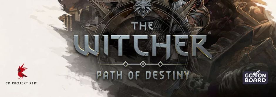 The Witcher Path of Destiny board game logo against board game box artwork