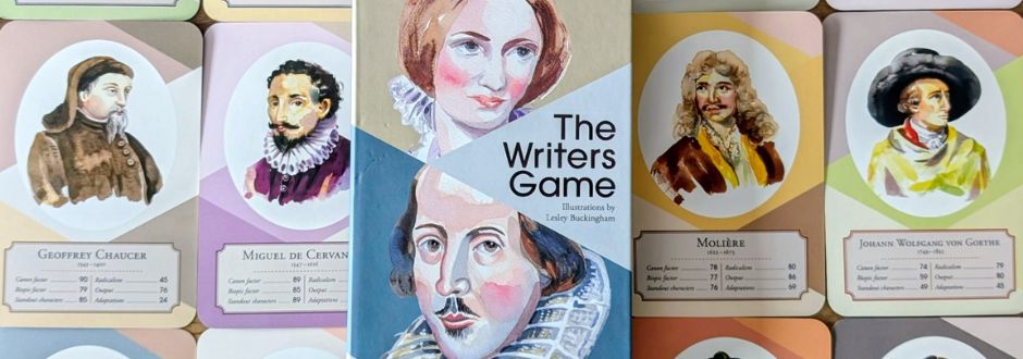Box cover of "The Writers Game," featuring illustrated portraits of historical authors. Cards show varied faces and colorful backgrounds
