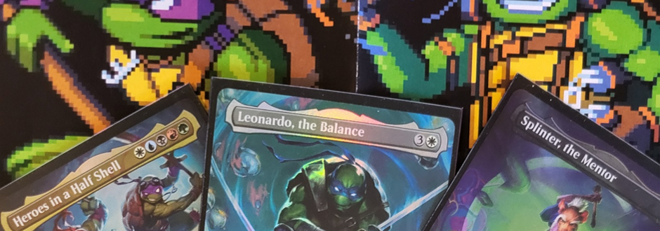 Teenage Mutant Ninja Turtle playing cards on a background of pixelated turtle characters 