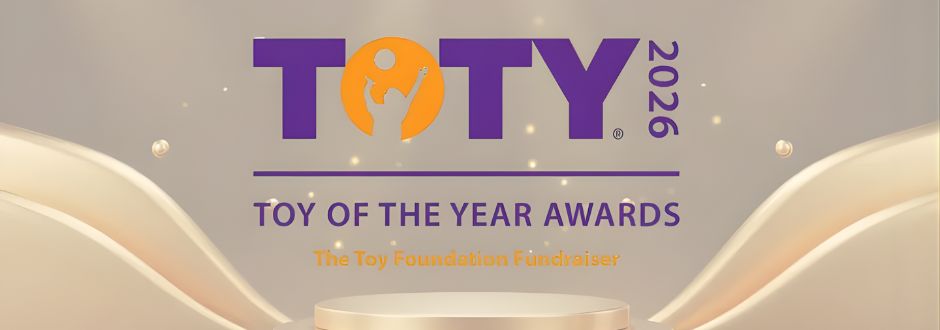 Toy of the Year Awards 2026 banner with purple and orange logo. Elegant beige and gold background, conveying a celebratory and prestigious tone