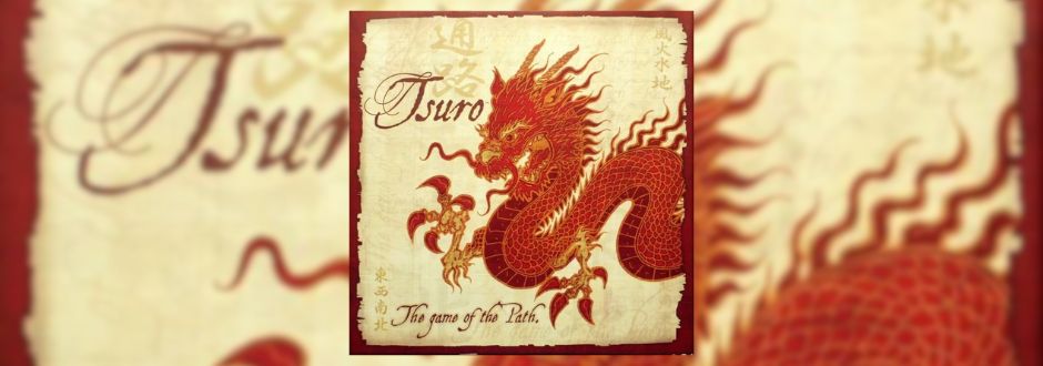 Cover image of the "Tsuro: The Game of the Path" board game, featuring an intricate red dragon on a beige background with stylized text.
