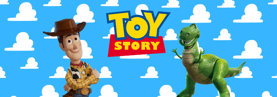 Toy Story logo centered on a blue sky with white clouds. Woody the cowboy smiles on the left, and Rex the green dinosaur stands on the right