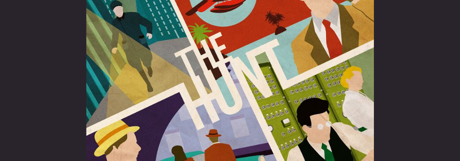 Close-up of The Hunt board game box artwork featuring stylised figures, city scenes and bold geometric design.