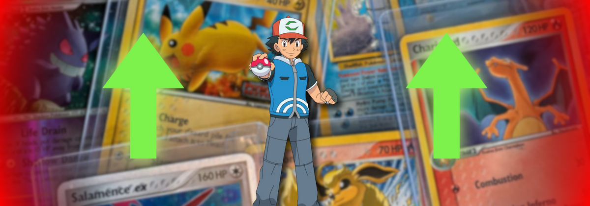 Ash holding a Pokeball with 2 up arrows and Pokemon cards in the background