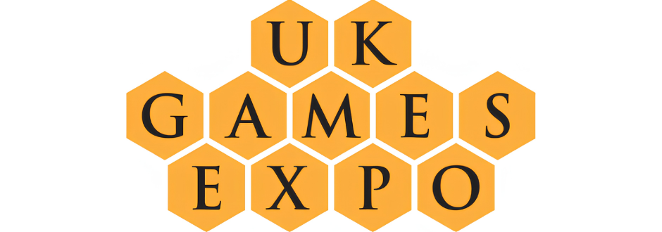 UK Games Expo logo with black letters on connected orange hexagons, resembling a honeycomb pattern, conveying a fun and playful tone