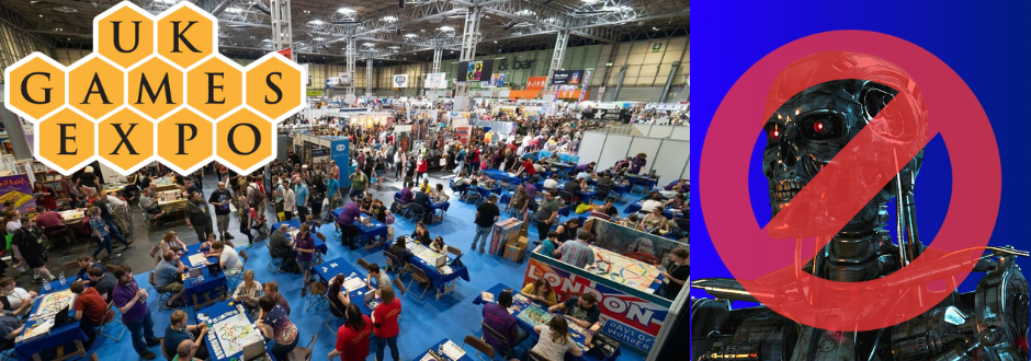 UK games expo logo with the convention in the background and a robot on the right with a banned symbol over it