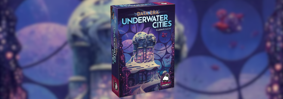 Box cover for the board game "Underwater Cities" depicting a futuristic underwater structure with domes, soft blue and purple hues, and a sci-fi feel.