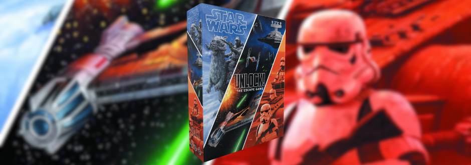 Box of "Star Wars: Unlock!" The board game is centered with iconic imagery like spaceships and characters. Background features a colorful space theme.