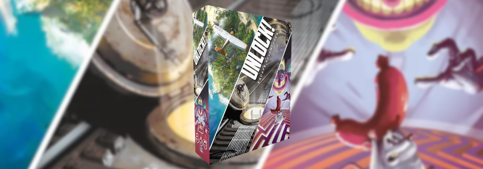 Box of "Unlock!" game against a blurred background of colorful scenes. The box art features illustrations of adventure and mystery themes.