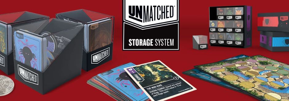 Unmatched Storage System display on a red background. Includes card boxes, a card deck, and a game board with a hexagonal pattern