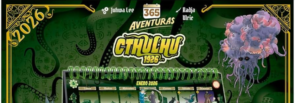 A colorful 2026 calendar cover titled '365 Aventuras Cthulhu 1926'. It features a whimsical, floating creature with tentacles on a green background filled with line art and tentacle designs. The overall tone is mysterious and adventurous