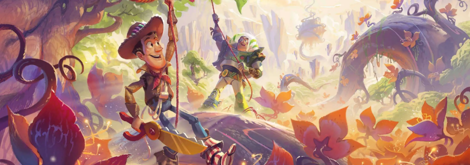 Animated characters resembling a cowboy and a space ranger swing through a colorful, whimsical forest filled with large flowers and twisting vines.