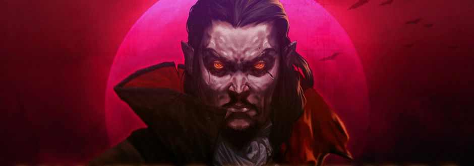 Pink glowing light, with vampire character in the center, showing teeth and red eyes