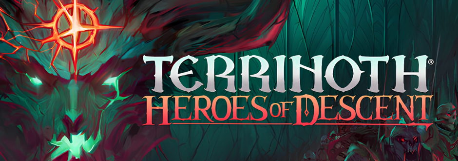 Dark fantasy-themed game cover with "Terrinoth: Heroes of Descent" text over a glowing, mystical wolf with fierce eyes and a fiery symbol above.