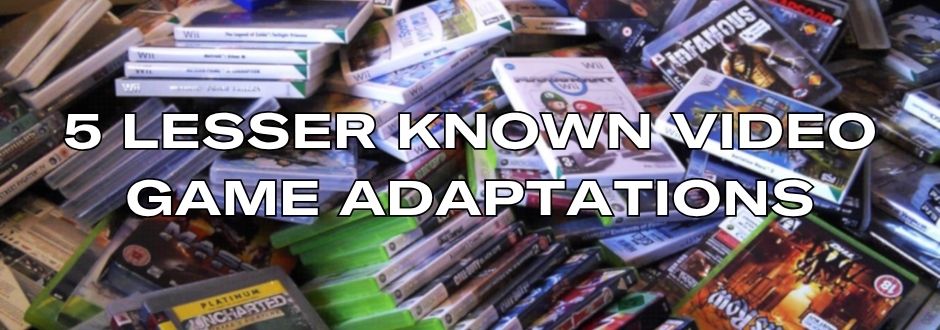Piles of video game cases from various consoles with text overlay: "5 Lesser Known Video Game Adaptations." The image conveys intrigue and discovery.