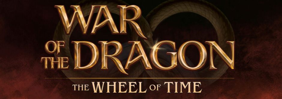 Text reads "War of the Dragon" in bold, fiery gold letters, and "The Wheel of Time" below in smaller font. Background features a red and brown serpent forming an infinity loop, creating a mystical and epic tone.