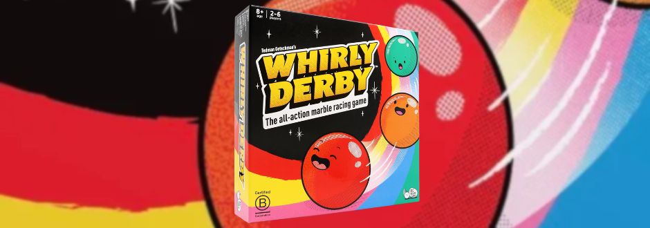 Whirly Derby board game box with colorful, cartoonish marbles on a vibrant, multicolored background. Energetic and fun design
