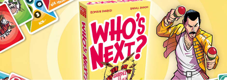 Illustration of a board game called "Who's Next?" featuring a stylized performer with a mustache, yellow jacket, and microphone. Cards with bold designs. Energetic and playful tone.