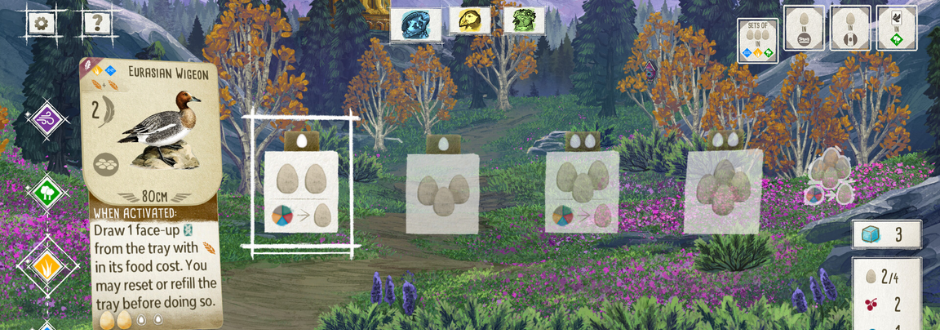 A digital card game interface set in a lush, colorful forest, featuring a Eurasian Wigeon card. Egg symbols and resources are displayed prominently.