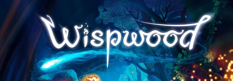 Wispwood logo with a whimsical forest background