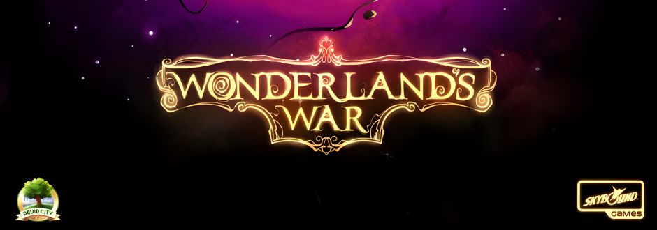 Wonderland's War logo in ornate golden letters against a dark purple background. Logos for Druid City and Skybound Games are in the corners