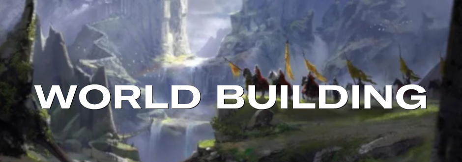 A group of people with yellow flags stand on a lush cliff, overlooking a vast, mystical landscape with towering cliffs. Text overlay reads "World Building."
