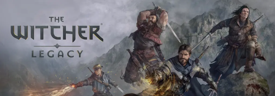 Promotional artwork for The Witcher: Legacy showing four warriors in battle set against a misty mountainous backdrop.