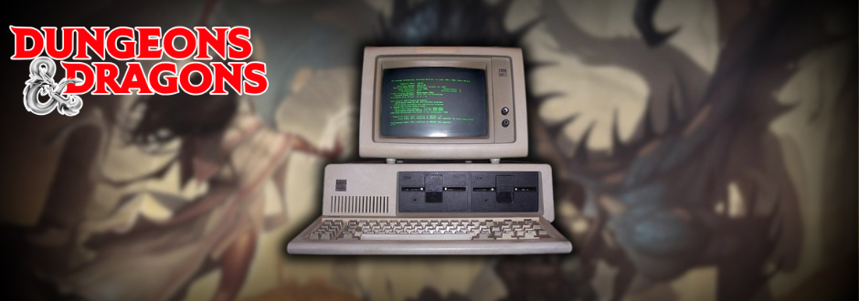 The dungeons and dragons logo with a computer in the middle and dungeons and dragons in the background