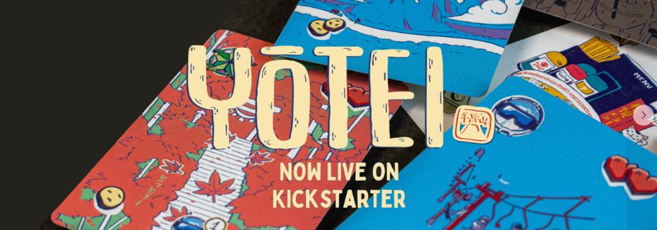Colorful illustration with playful, cartoon-style designs of landscapes and characters. The text "YŌTEI Now Live on Kickstarter" is overlaid, conveying excitement.