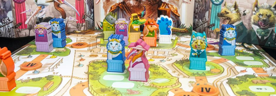 Image of Zoo Vadis board populated with colourful animal meeples