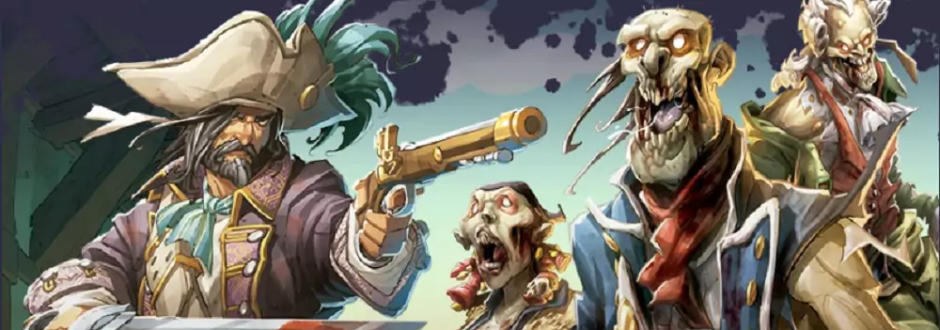 Illustration of a rugged pirate in a tricorn hat aiming a pistol at grotesque, decaying zombie sailors with tattered clothing and skeletal features, set against a dark, stormy sky.