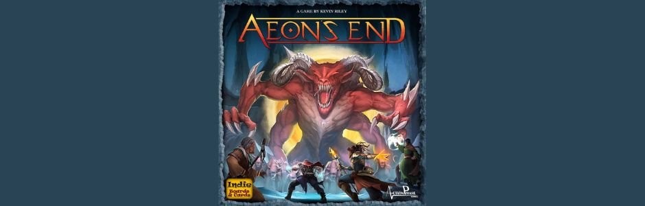 Cover art for the game "Aeon's End" features a large, fierce demon with horns in a dynamic pose, surrounded by four armed heroes, ready to battle.
