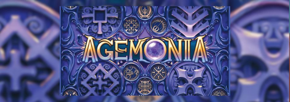 Intricate, blue-toned design with ornate patterns surrounds the word "Agemonia" in bold, gold letters, set against a mystical, fantasy-themed background.