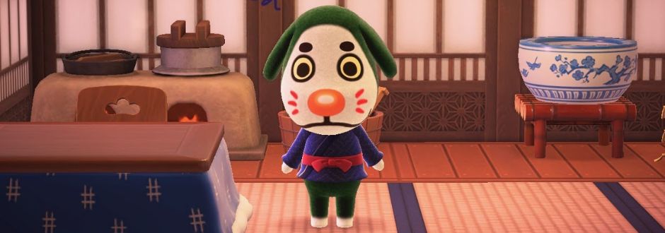 Animal Crossing character in a traditional Japanese room, wearing a navy kimono with a red sash. The space has cozy elements like a clay pot stove and a large decorative bowl.