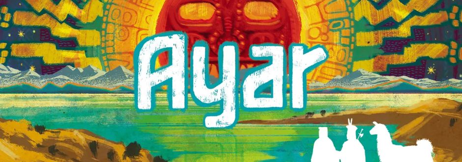 Colorful artwork featuring the word "Ayar" in bold white letters, set against a vivid landscape with mountains, a red sun with a mask, and silhouette of a llama.