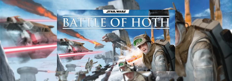 Star Wars: Battle of Hoth scene with soldiers in winter gear, snow speeders firing red lasers, and large AT-ATs against a snowy backdrop
