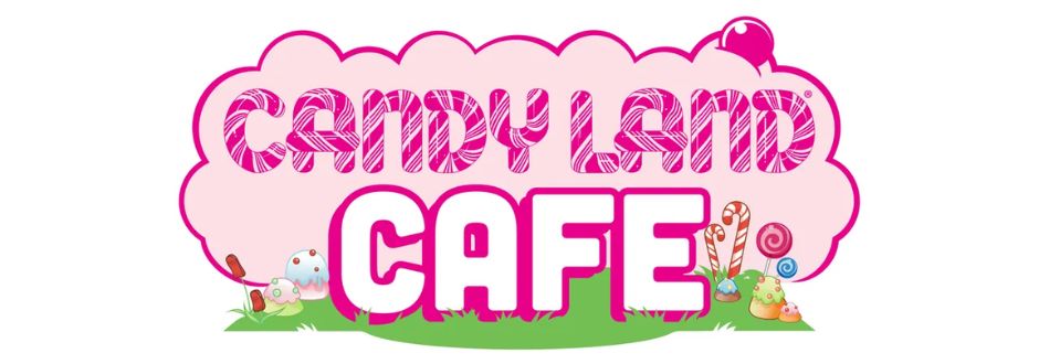 Logo for Candy Land Cafe with striped pink 'Candy Land' text above bold white 'CAFE' on a pink cloud, surrounded by candies and lollipops