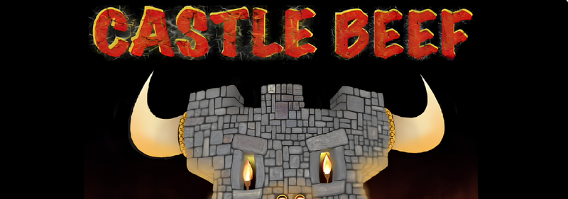 ogo for 'Castle Beef' featuring bold, fiery red text above a stone castle structure with glowing eyes and large bull horns, set against a dark background