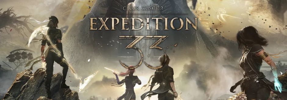 Four characters in adventurer outfits stand in a dystopian landscape facing a large structure, with the title "Expedition 33" prominently displayed above them